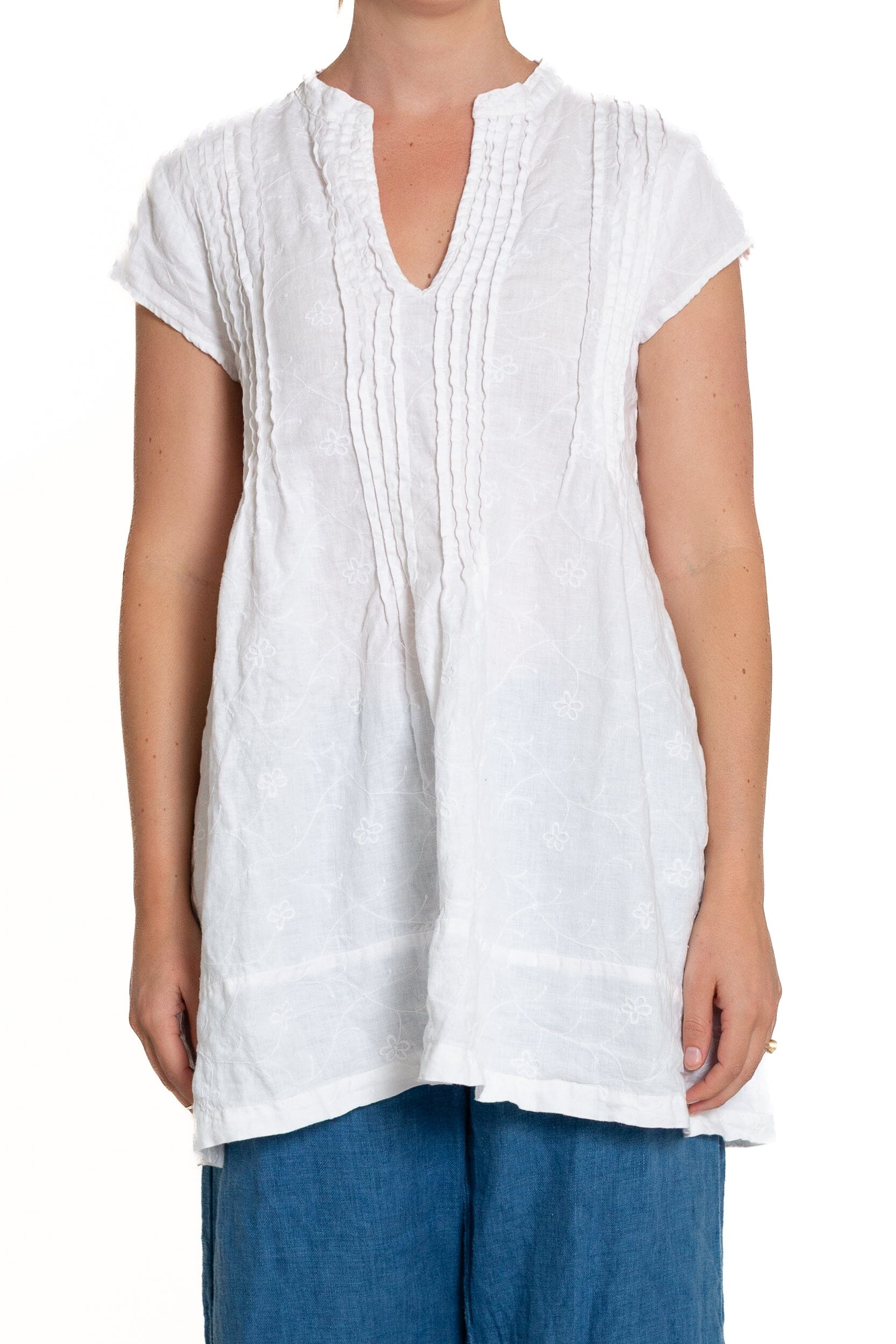 Regina Cap Sleeve - Embroidered Linen S10 - White Linen Tops CP Shades white 4BC