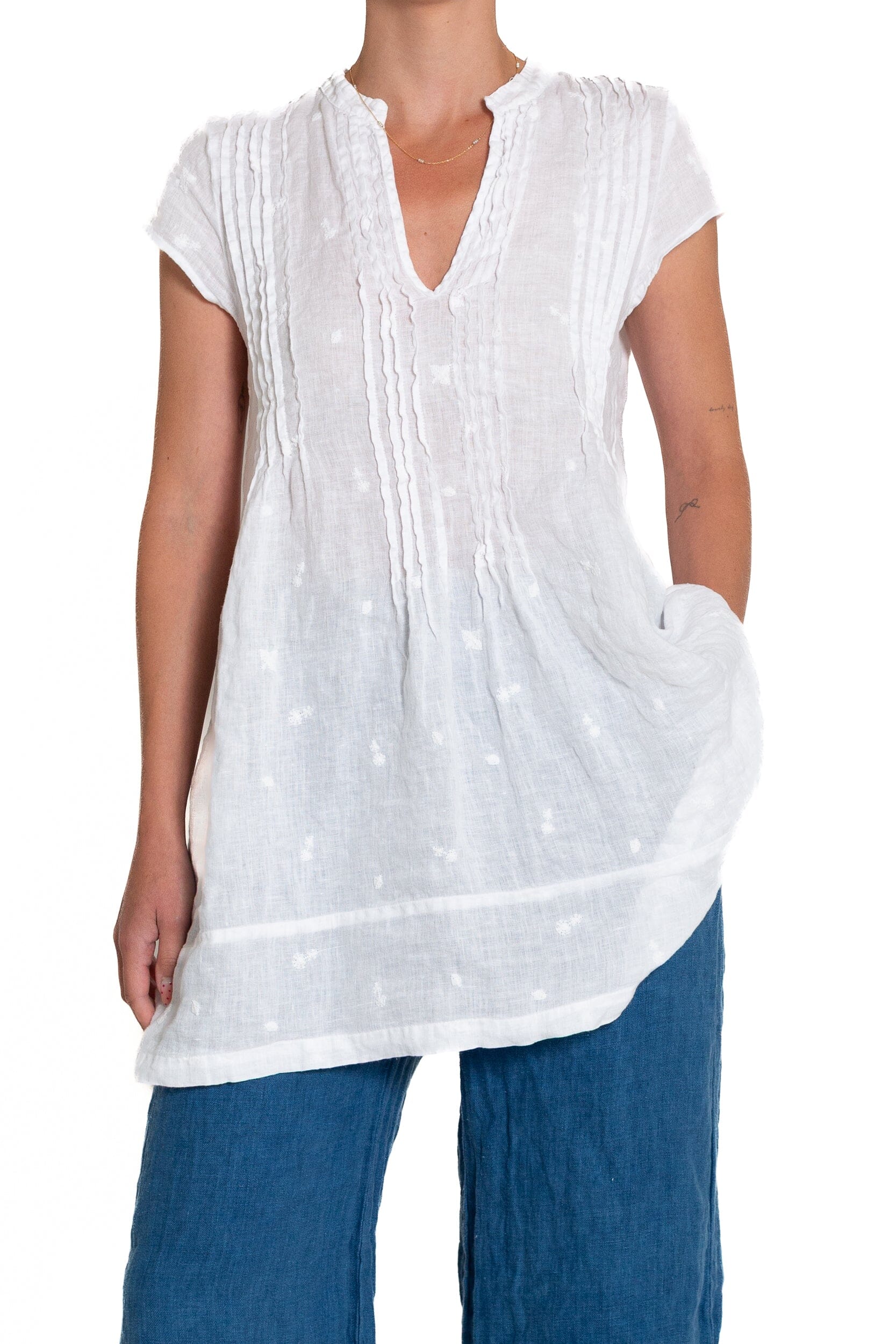 Regina Cap Sleeve - Embroidered Linen S10 - White Linen Tops CP Shades white 629