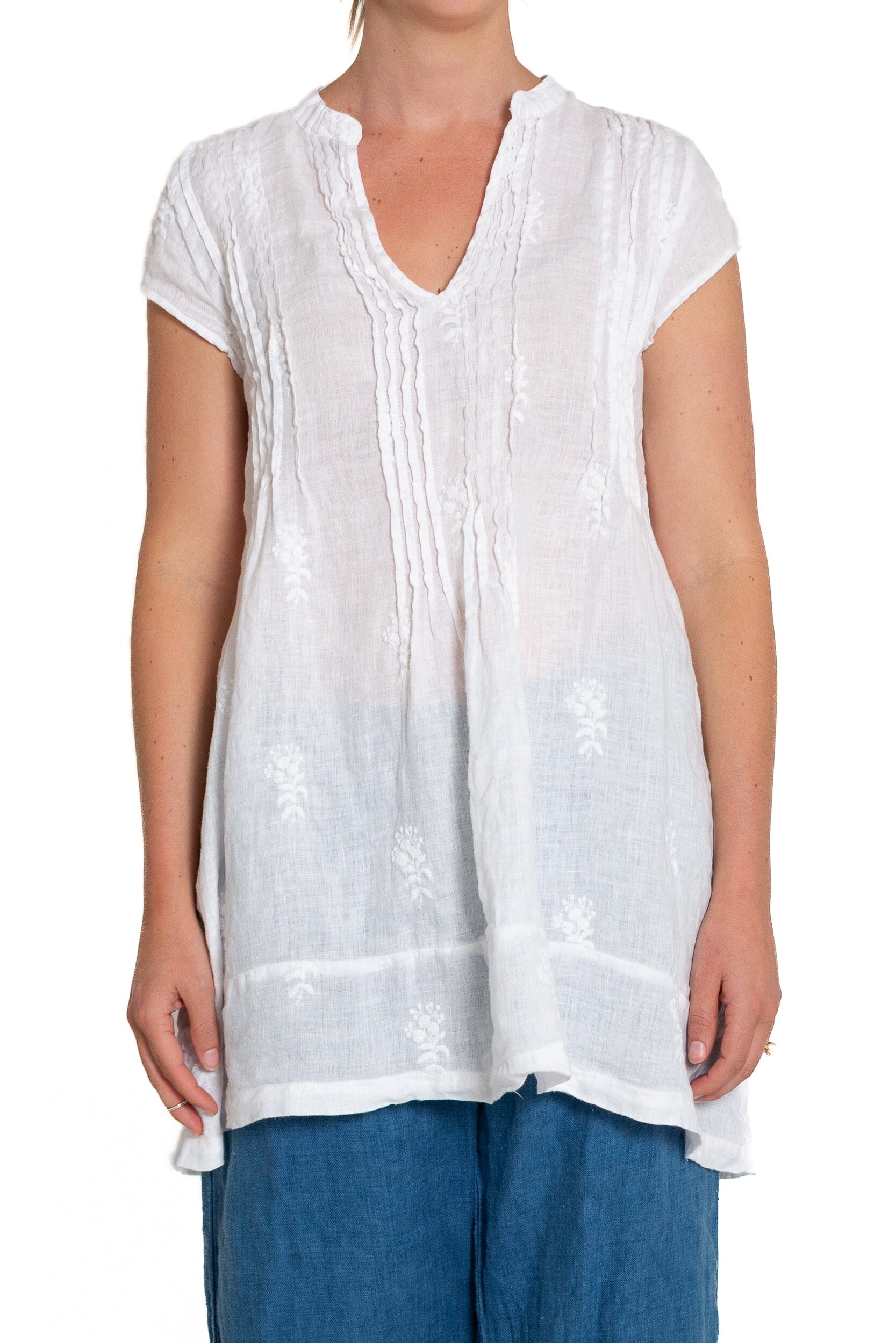 Regina Cap Sleeve - Embroidered Linen S10 - White Linen Tops CP Shades white 4AC