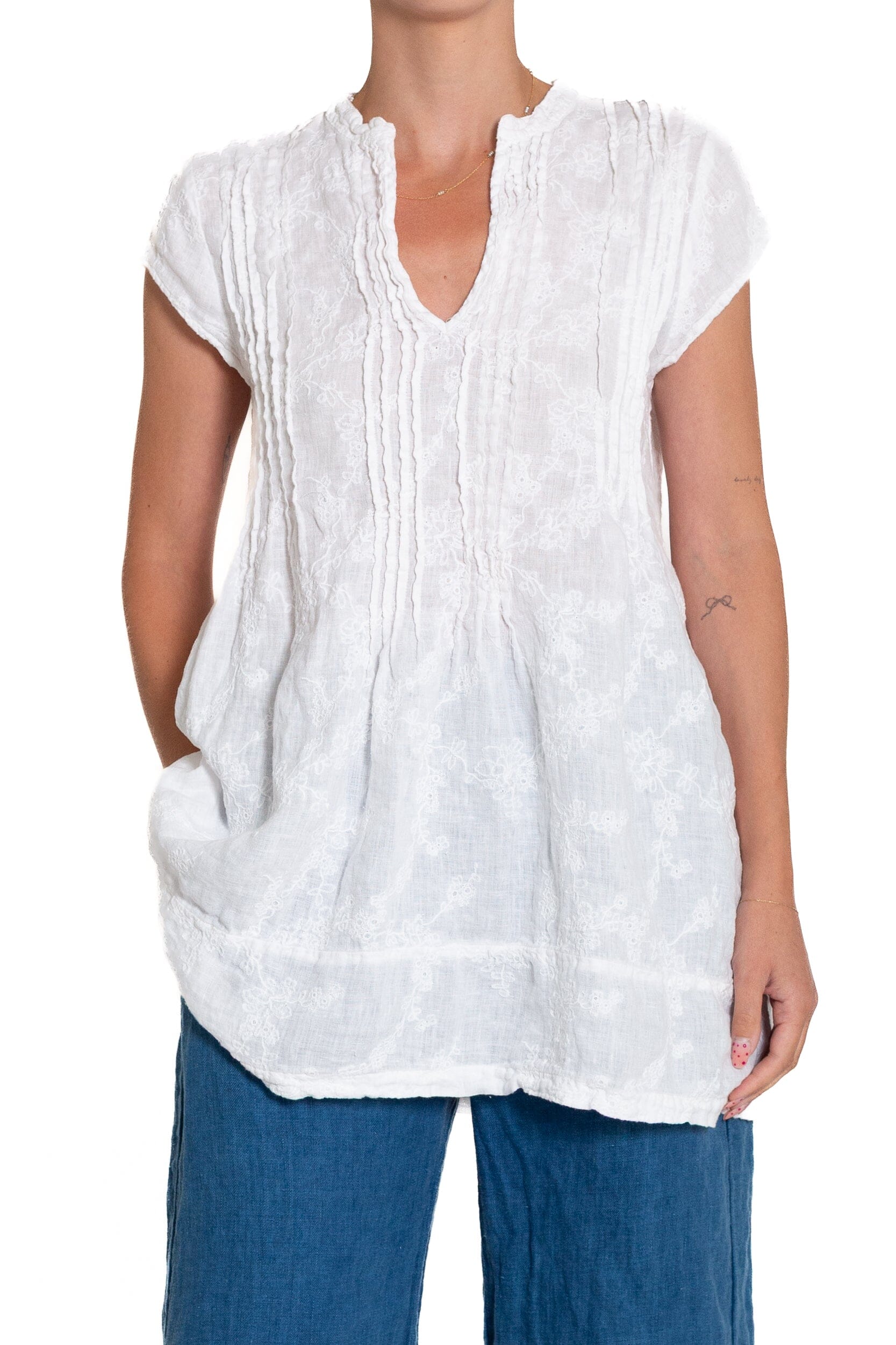 Regina Cap Sleeve - Embroidered Linen S10 - White Linen Tops CP Shades white 529