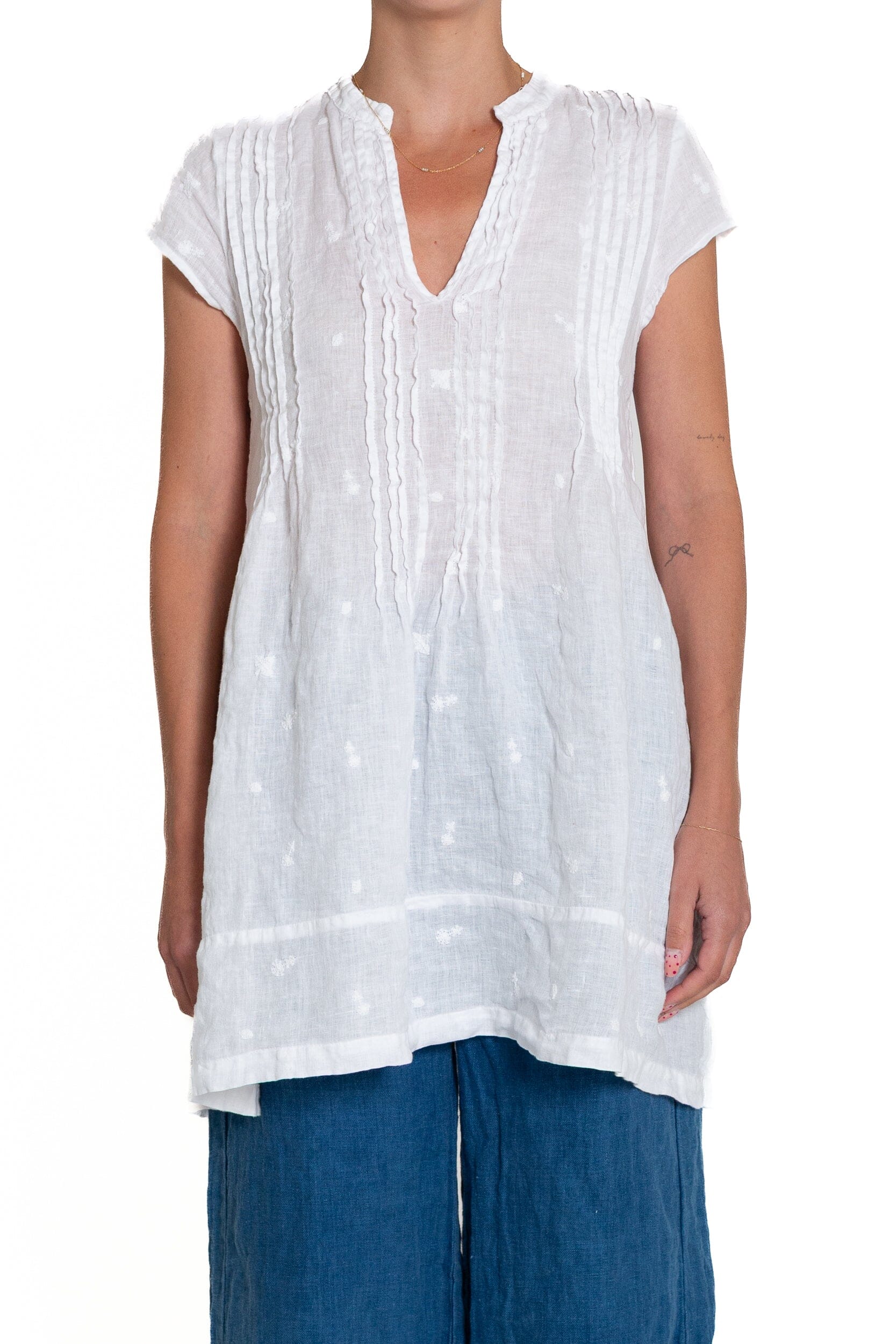 Regina Cap Sleeve - Embroidered Linen S10 - White Linen Tops CP Shades 